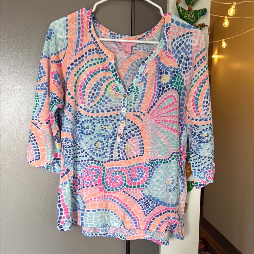 Lilly Pulitzer Womens Egret Tile Wave 100% Linen Henley Tunic Top - Picture 3 of 8